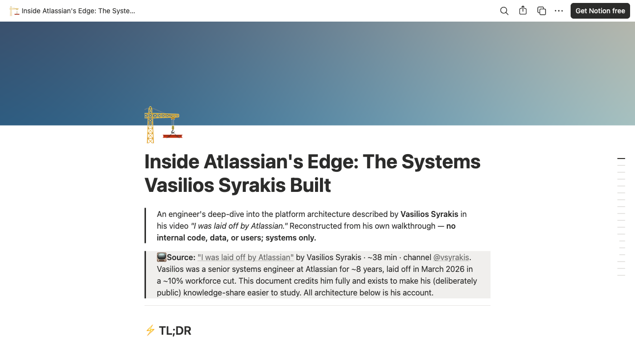 The published breakdown — a Notion page titled "Inside Atlassian's Edge," with a dark-blue gradient cover and colour-coded callout sections