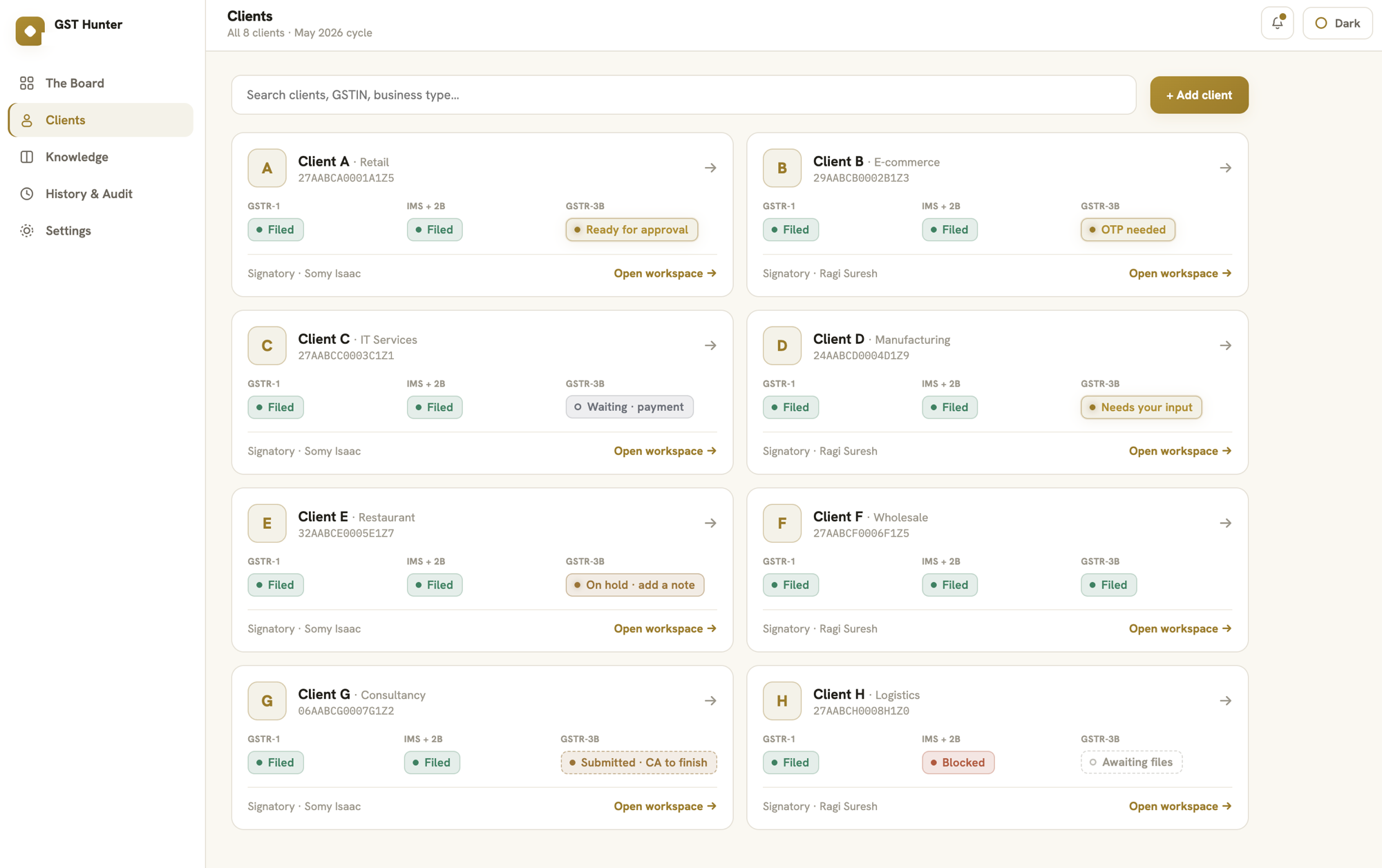 The Clients screen — a card per client showing GSTR-1, IMS + 2B and GSTR-3B status side by side, with search and an "Add client" action