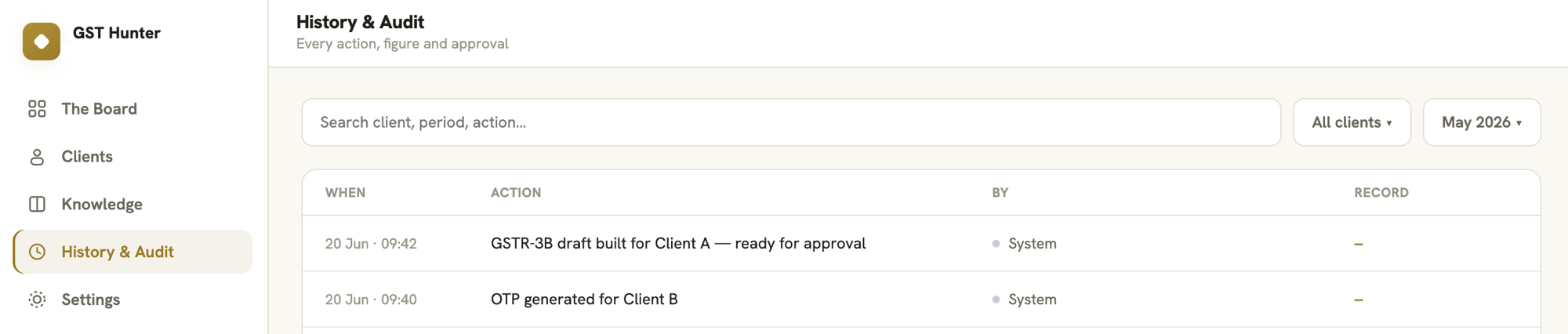 The History & Audit screen — a timestamped log of every action, figure and approval, filterable by client and period