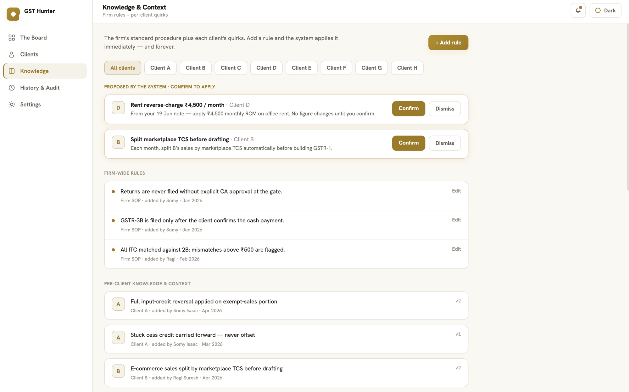 The Knowledge & Context screen — proposed rules awaiting CA confirmation at the top, then firm-wide rules, then per-client knowledge and context items
