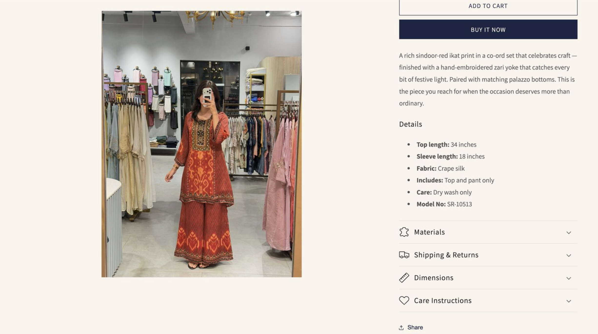 Product detail page — clean two-column layout, editorial copy, structured detail blocks for size, fabric, care, and dimensions