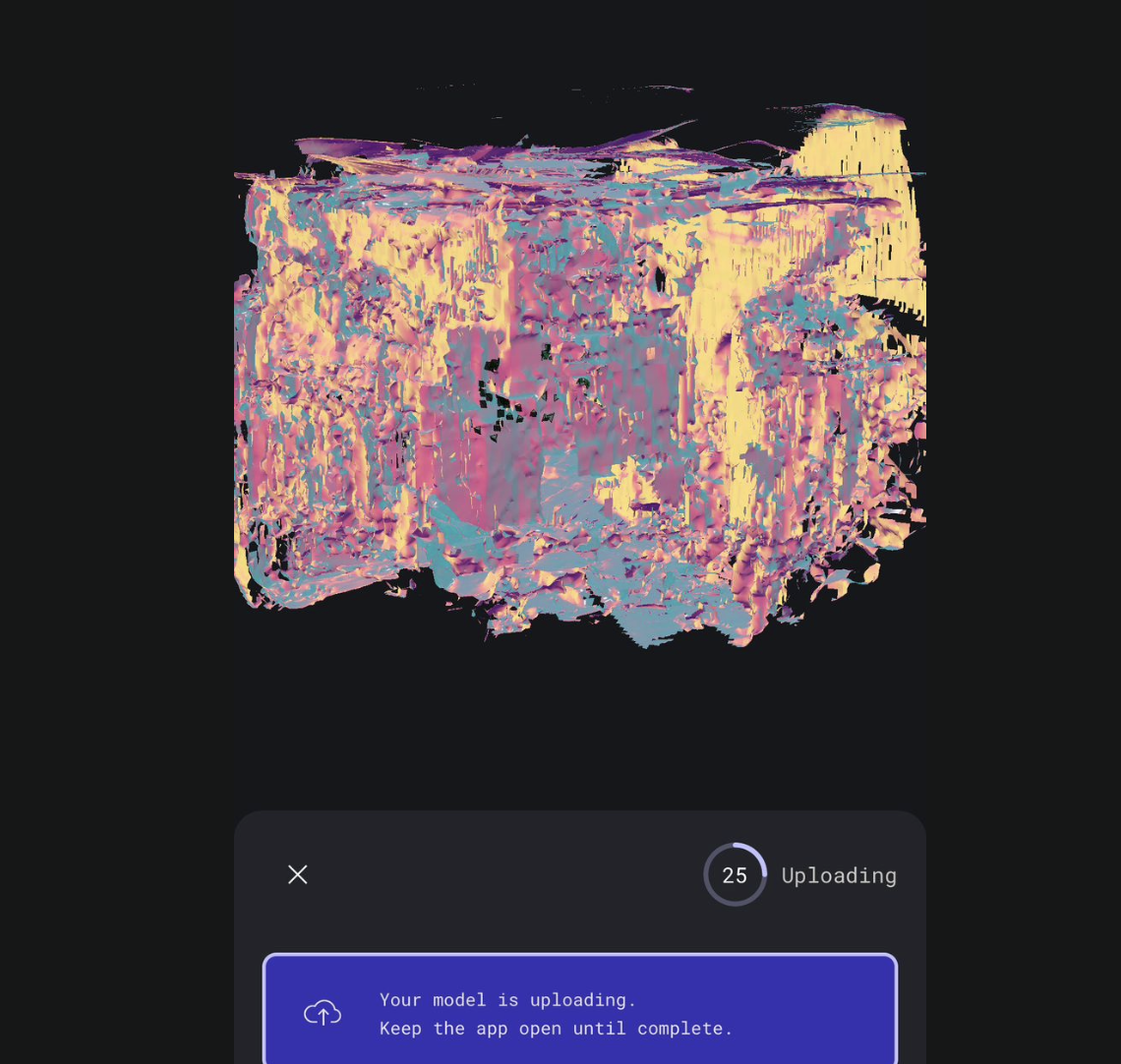 A processing screen showing the room as a colourful, abstract sculptural blob, with an "Uploading" progress ring